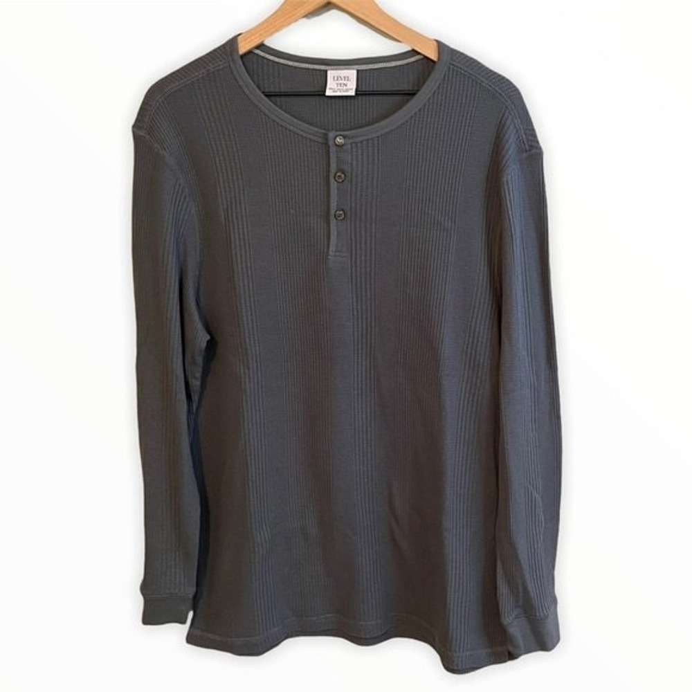 Level Ten Mens XL Henley Shirt Charcoal Grey Waffle Knit Long Sleeve Ribbed Top‎
